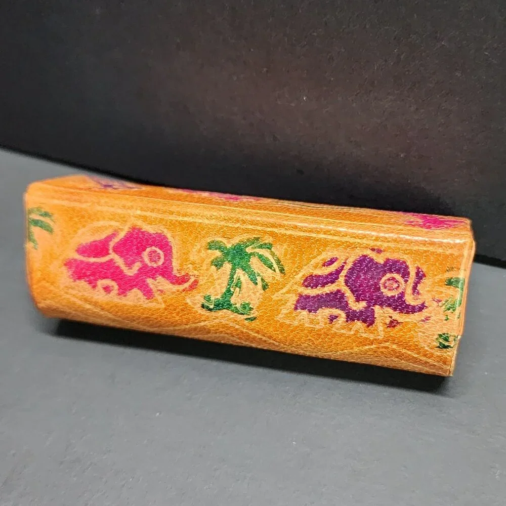 Vintage Leather Lipstick Tube Case Holder Elephant Giraffe Safari Print